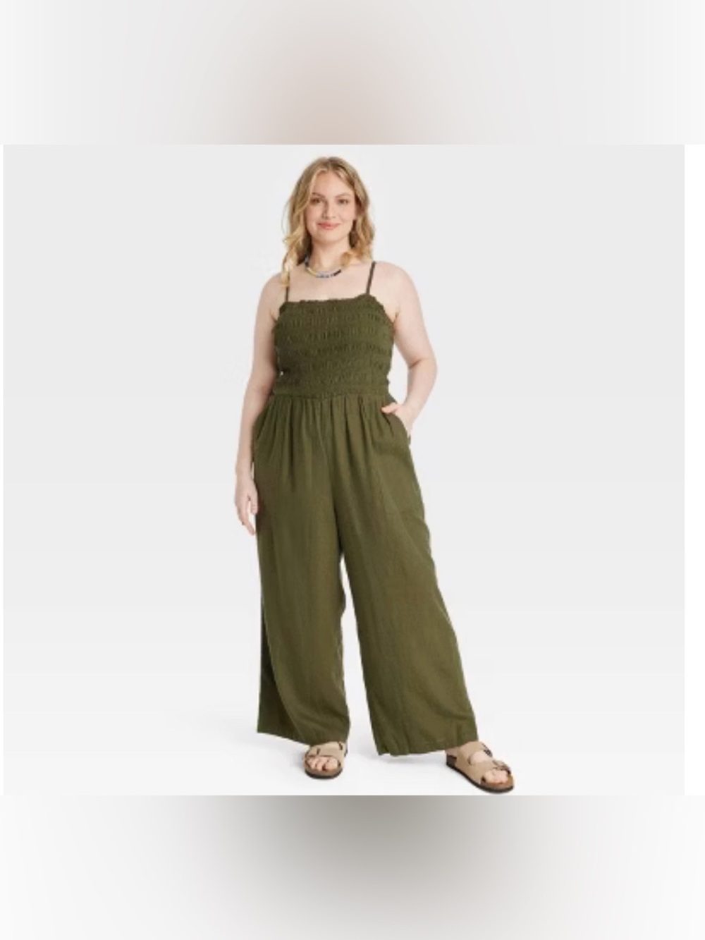 NWT Women's Smocked Linen Maxi Jumpsuit - Universal Thread Olive Green